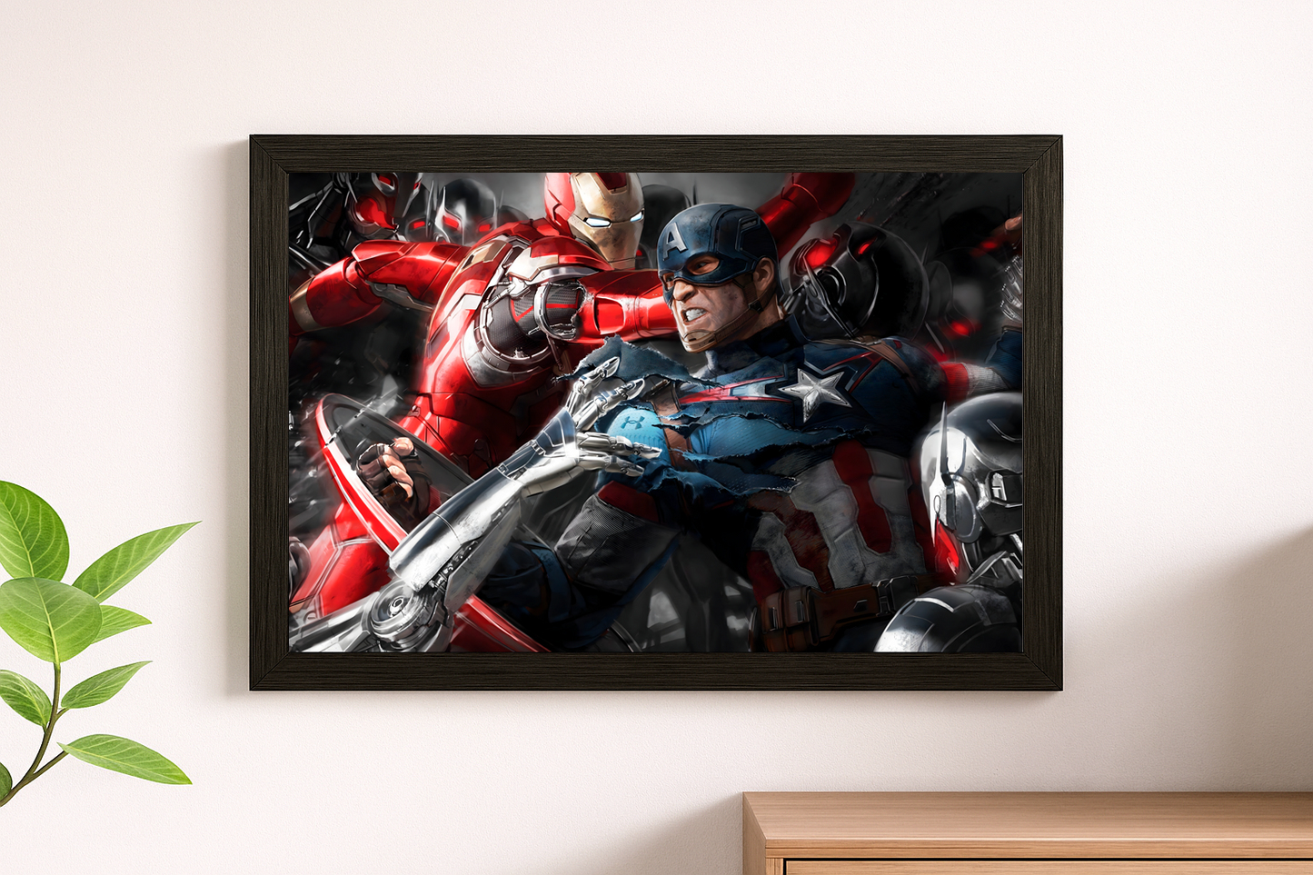 Epic Hero Battle Framed Wall Art - Ironman & Captain America – Dynamic Action Artwork