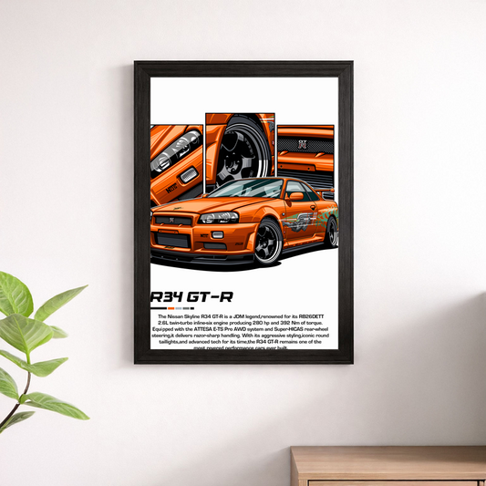 Orange Nissan R34 GT-R Wall Print - JDM Skyline Legend Poster Art