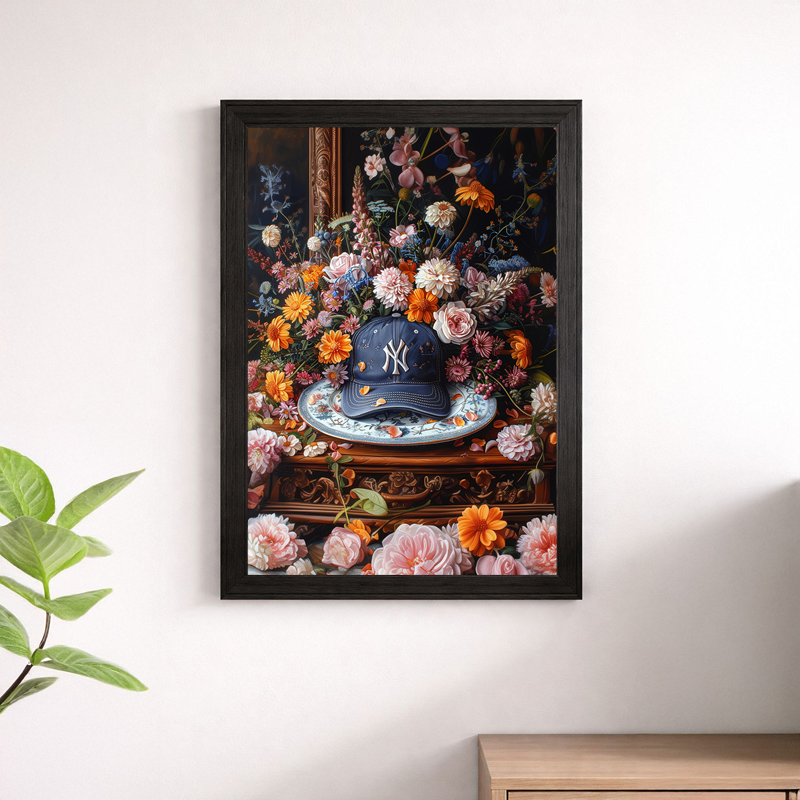 New York Yankees Cap Floral Still Life Wall Art Poster – Baseball Print