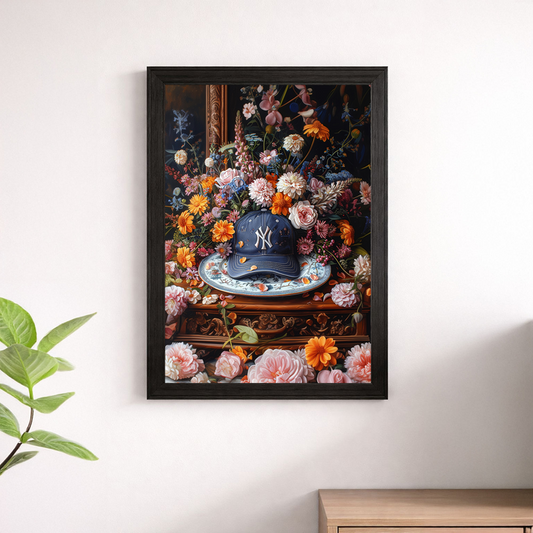 New York Yankees Cap Floral Still Life Wall Art Poster – Baseball Print
