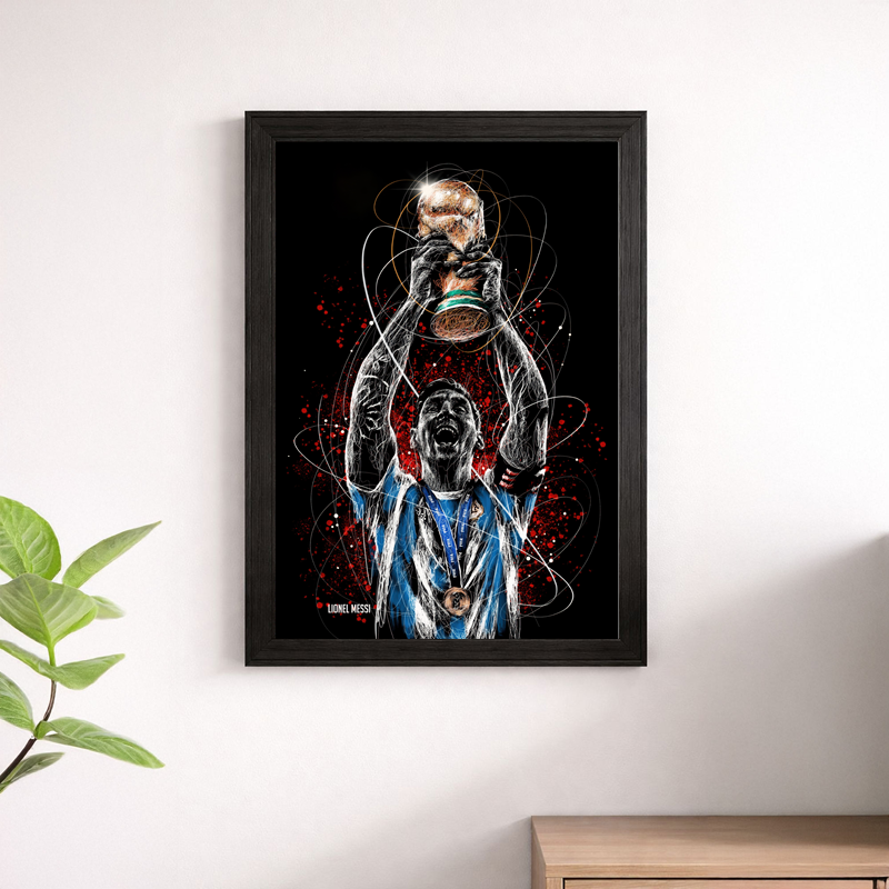 Lionel Messi World Cup Neon Art Wall Poster – Argentina Football Print